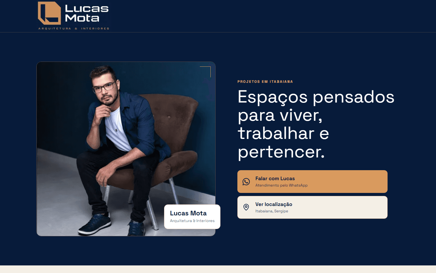 Site desktop de Lucas Mota, arquiteto e designer de interiores.