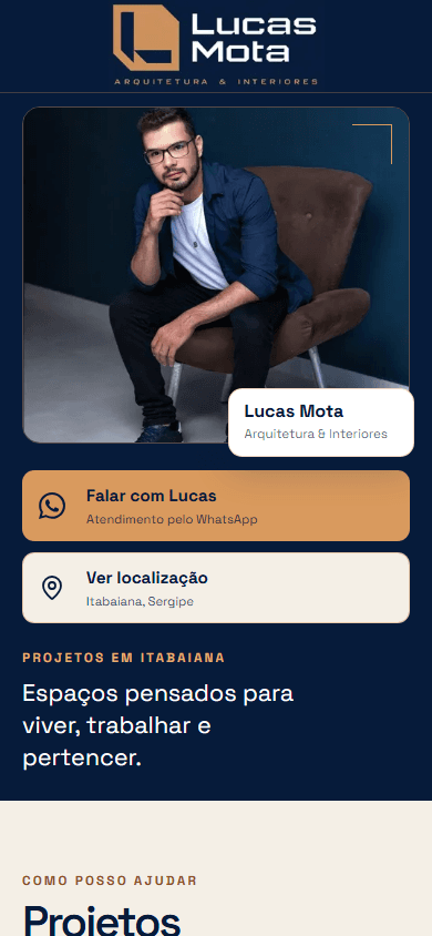 Bio Profissional mobile de Lucas Mota, arquiteto de interiores.